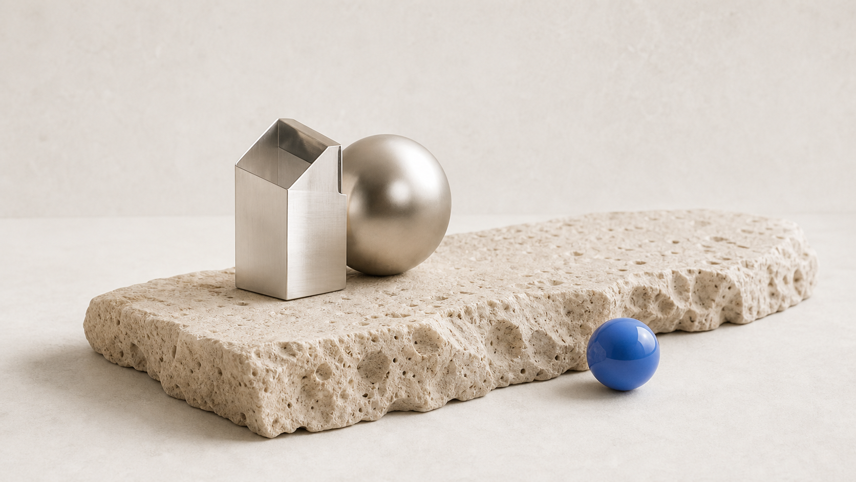 Silver objects and a cobalt sphere on a limestone slab