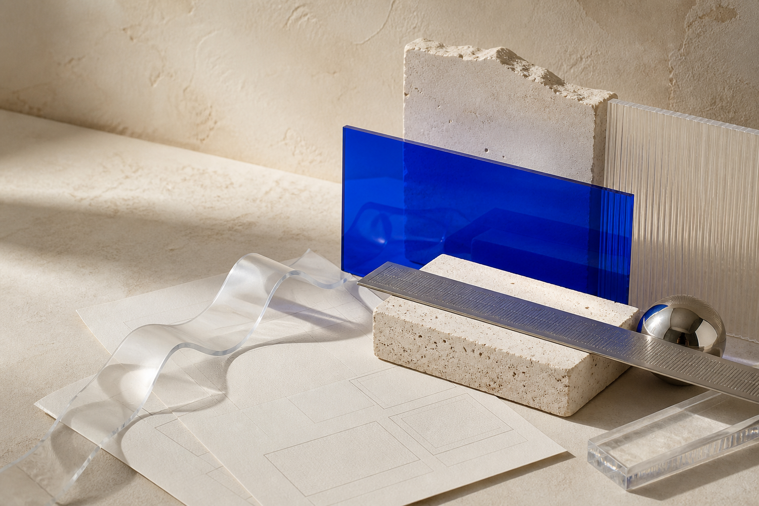 Framekin material and layout studies in a warm editorial studio