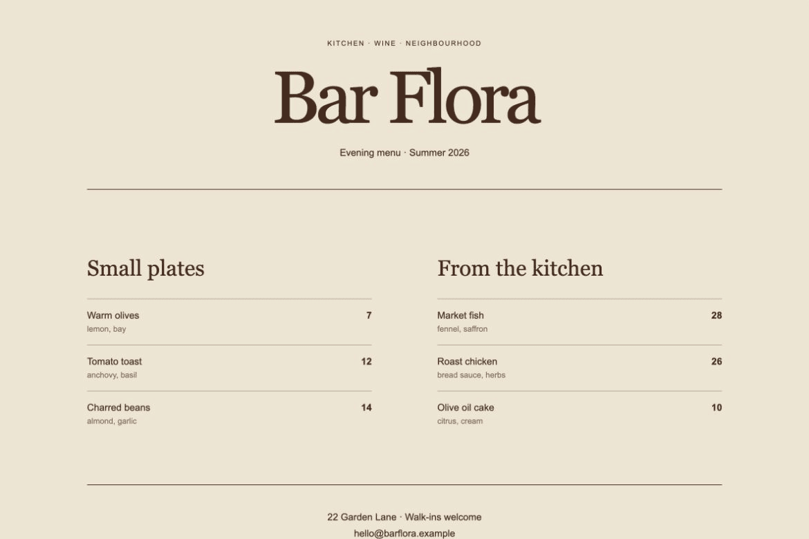 Menu One website preview
