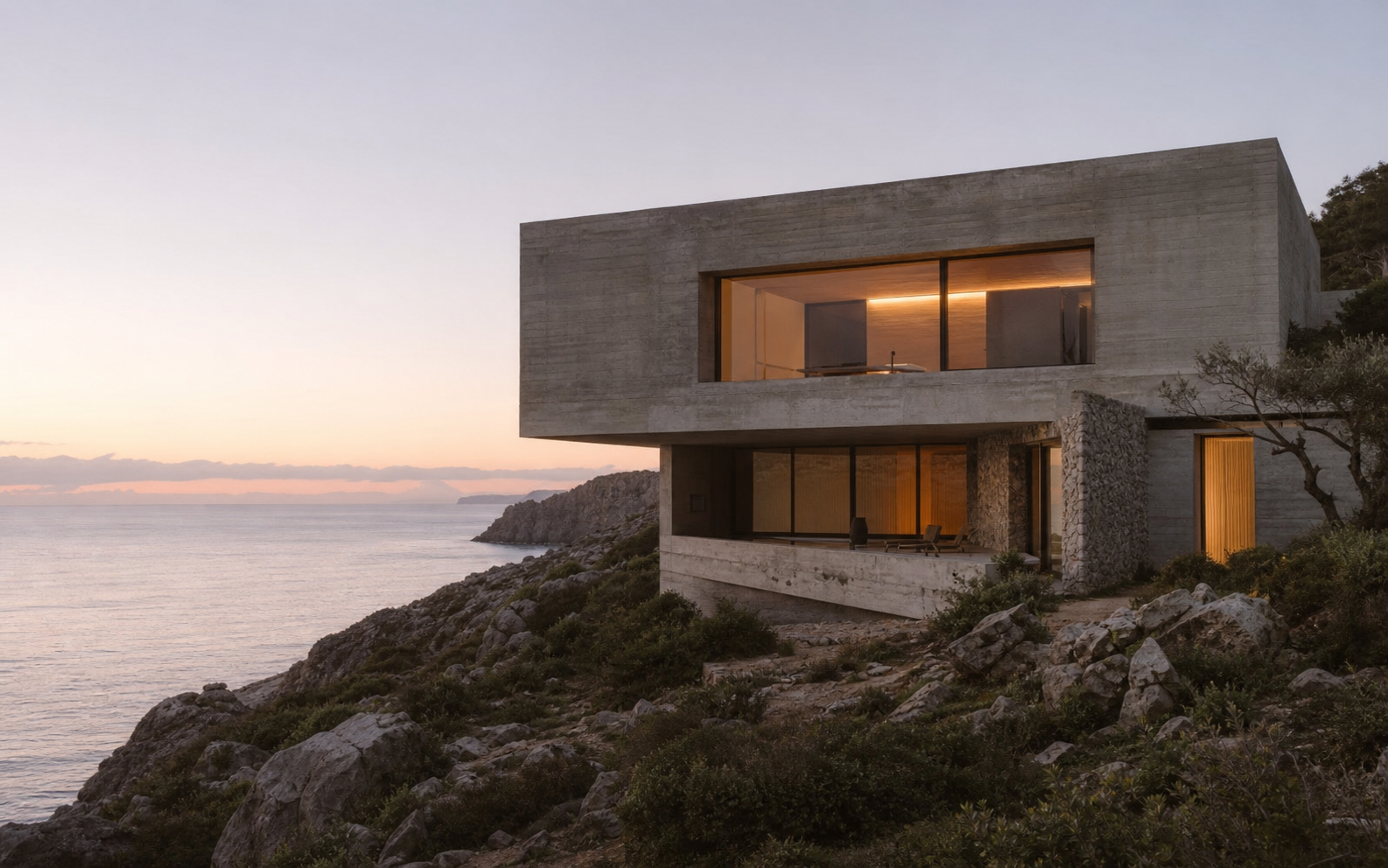 Concrete coastal house at dawn