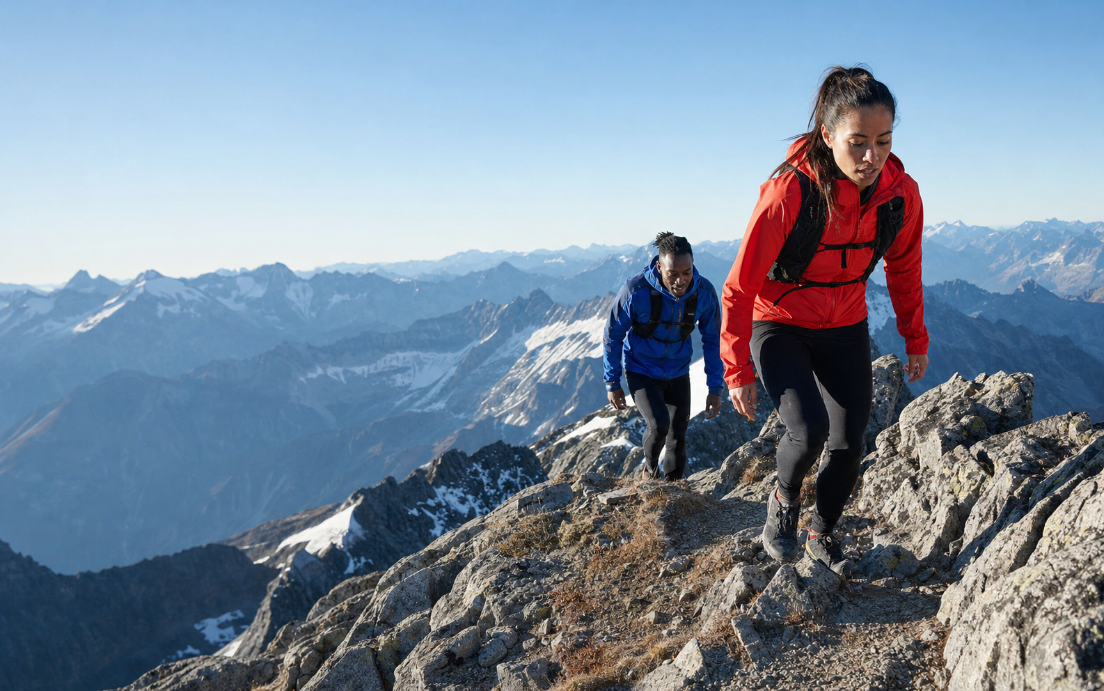 Trail runners climbing an alpine ridge