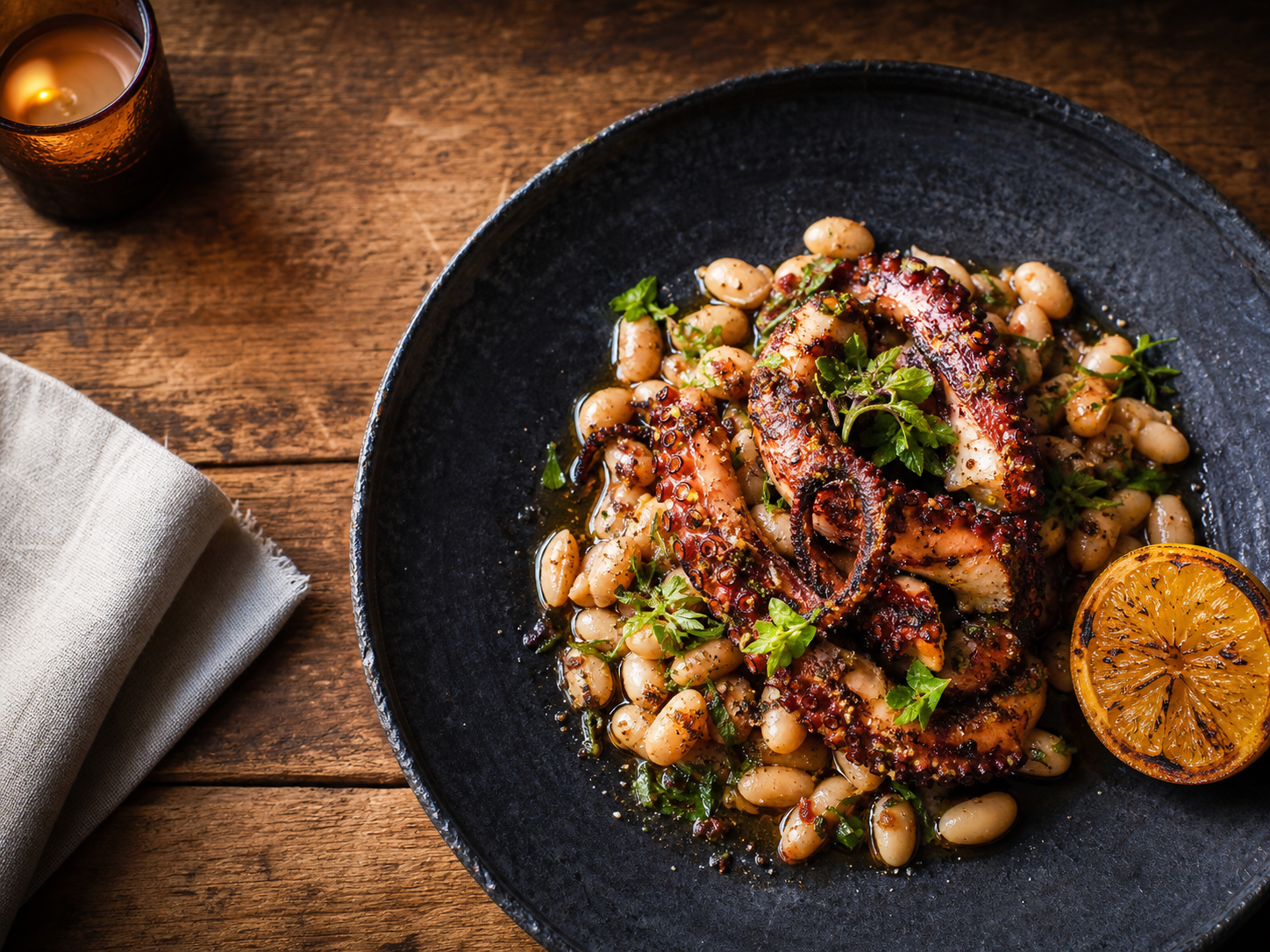 Wood-fired octopus with white beans